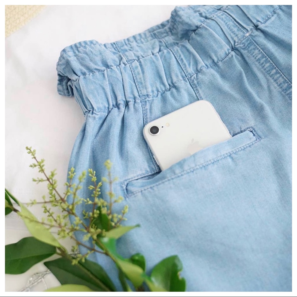 46 Chambray Drawstring Ruffle Waist Jean Shorts - Picture 3 of 4